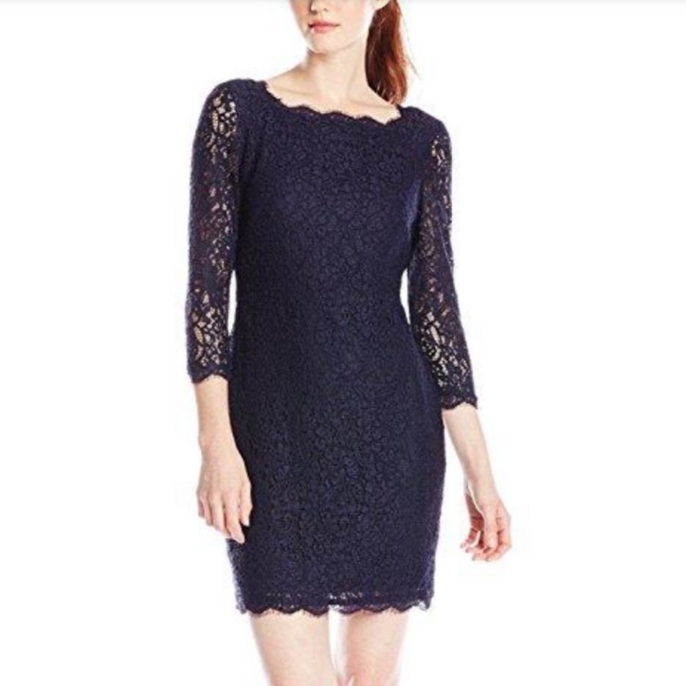 Adrianna Papell Lavender Lace Cocktail Dress 3/4 Sleeves Full Zip Back S…